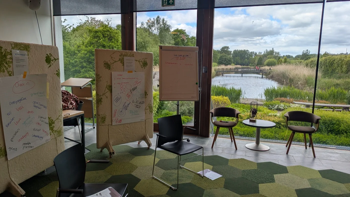 Een werkkamer met flip-overs, gekleurde papieren, stoelen en uitzicht op een polder &mdash; een teamcoaching-setting.