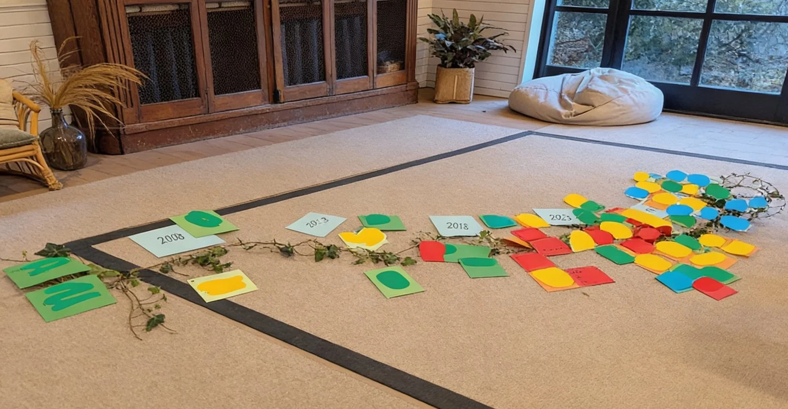 Een uitgelegde tijdlijn op de vloer &mdash; gekleurde kaarten met jaartallen en klimop, een levensboom-werkvorm in een lichte ruimte.